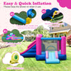 Inflatable bounce house with slides and basketball hoop, featuring a sweet doughnut theme for backyard fun.