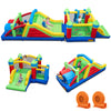 Inflatable bounce house with multiple slides, climbing wall, and tunnels, made of durable 420D Oxford fabric for kids'.