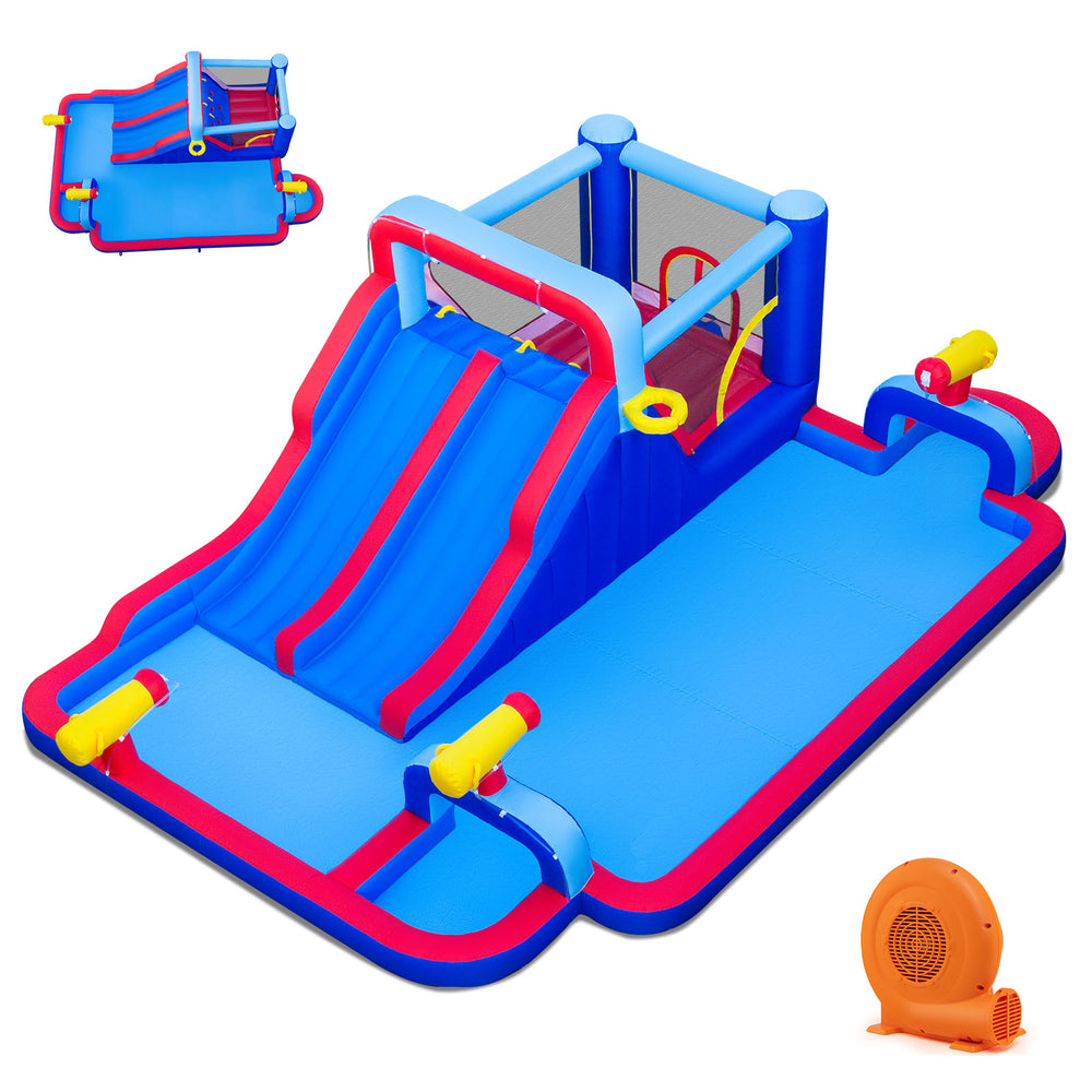 Inflatable bounce house with double water slides, splash pool, and 3 water cannons for summer fun and active play.