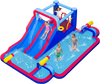 Inflatable bounce house with double water slides, splash pool, and water cannons for summer fun and active play.