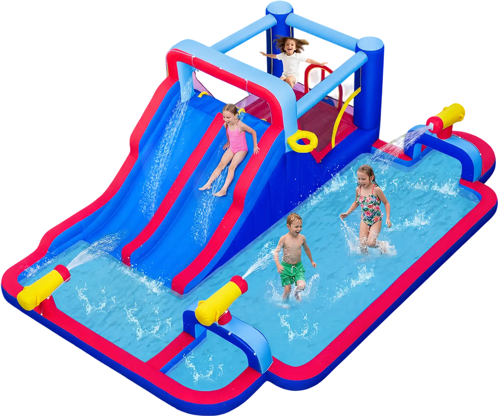 Inflatable bounce house with double water slides, splash pool, and water cannons for summer fun and active play.