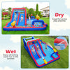 Inflatable bounce house featuring double water slides, splash pool, and water cannons for summer fun and active play.