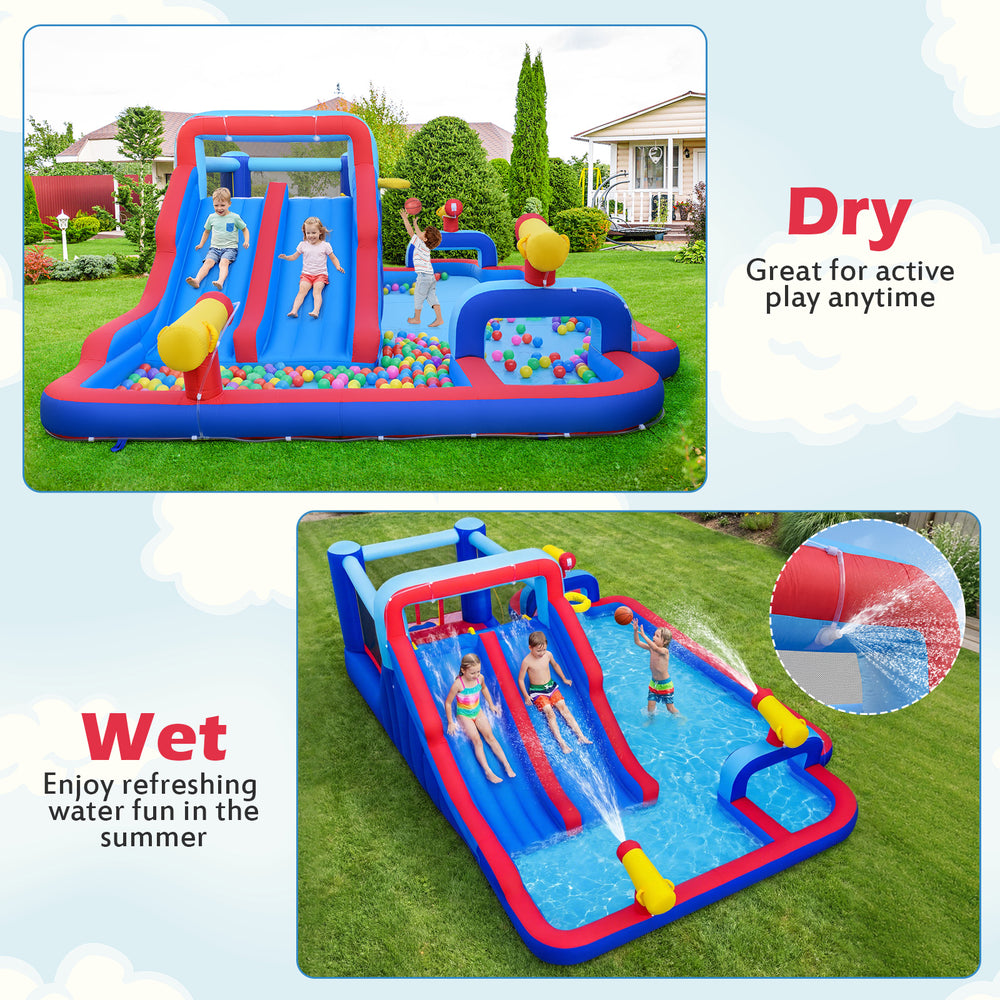 Inflatable bounce house featuring double water slides, splash pool, and water cannons for summer fun and active play.