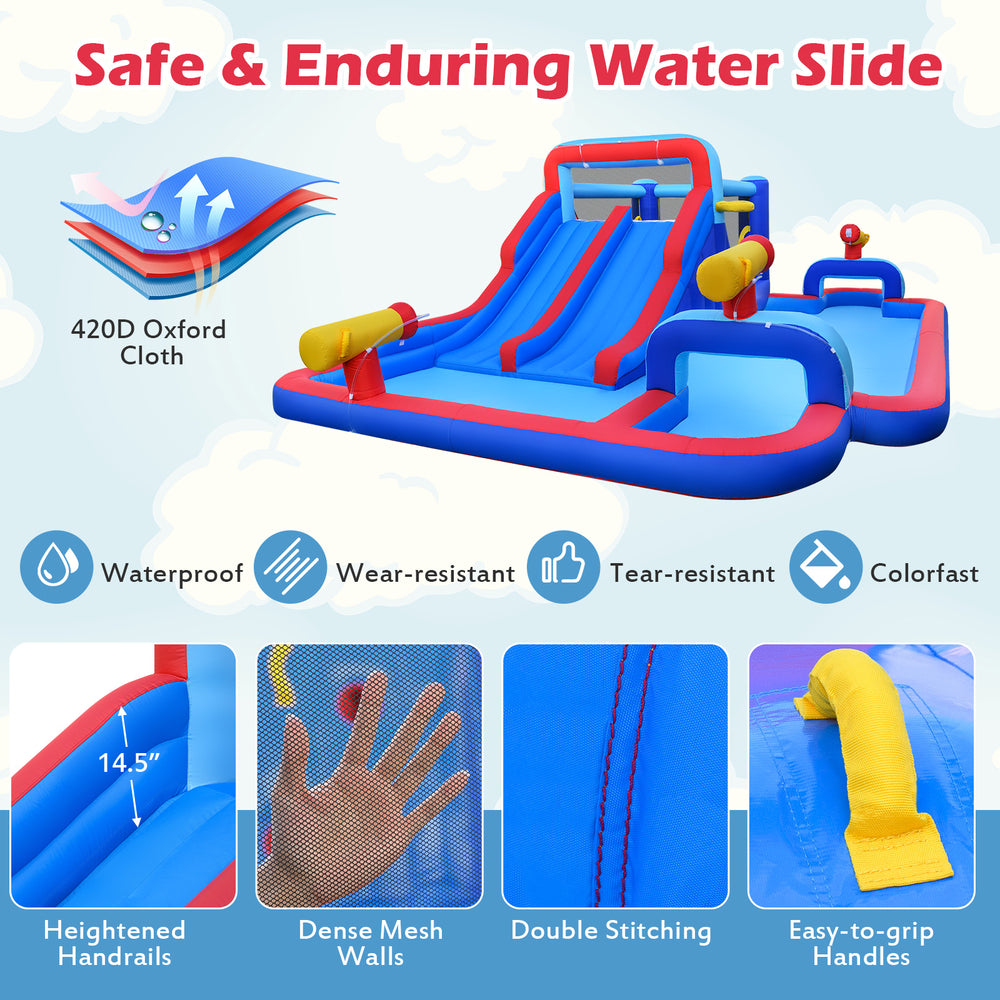 Close-up of the inflatable bounce house's heightened handrails and dense mesh walls for added safety during play.