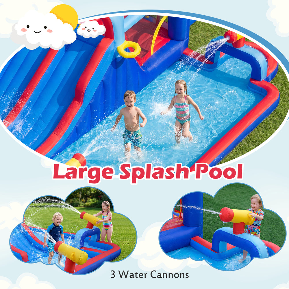 Large inflatable bounce house with double water slides, splash pool, and three water cannons for summer fun.