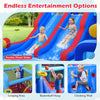 Double water slides and climbing wall of the inflatable bounce house, perfect for summer fun and active play.