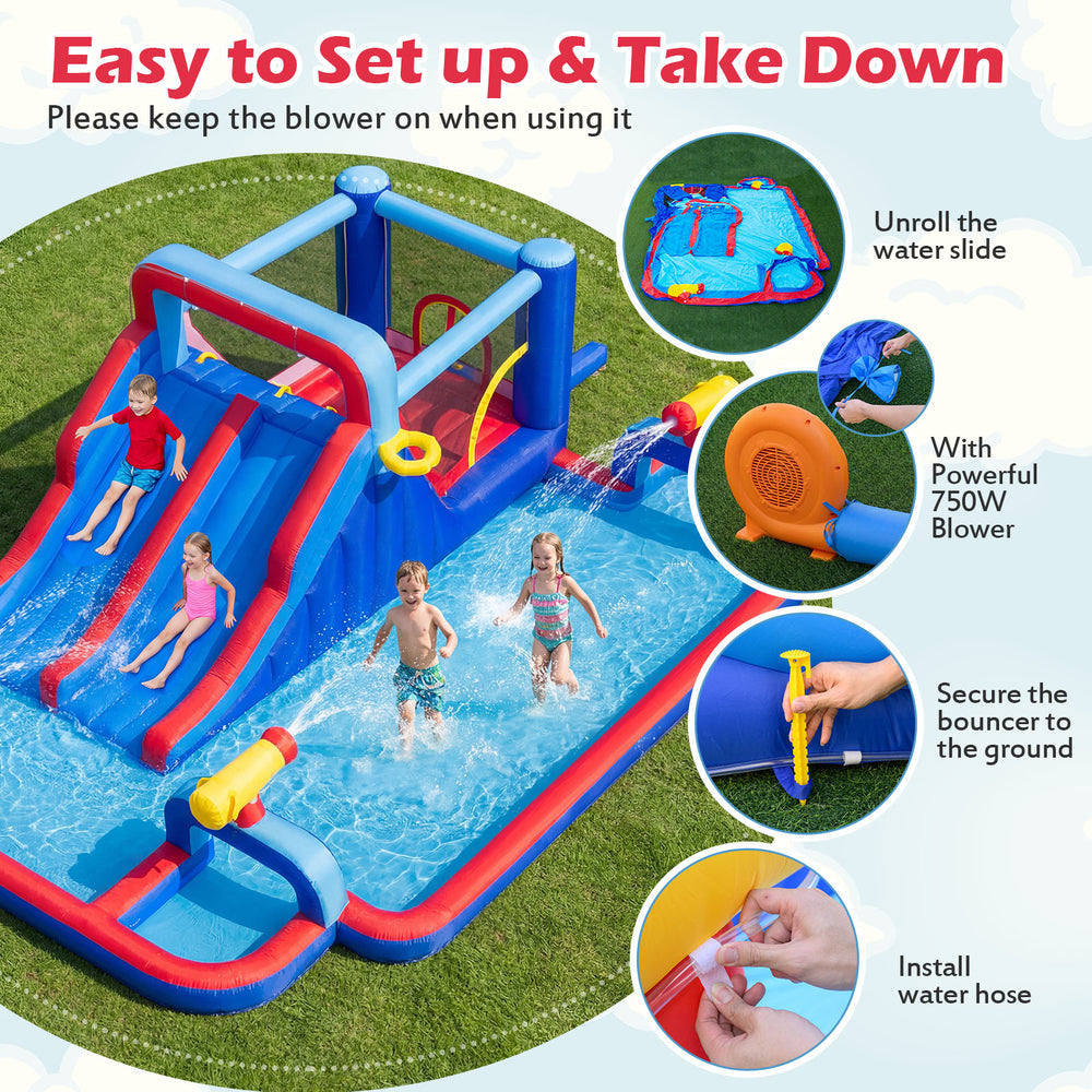 Inflatable bounce house with double water slides, splash pool, and three water cannons for summer fun.