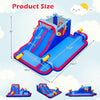 Inflatable bounce house with double water slides, splash pool, and water cannons, ideal for summer fun and parties.