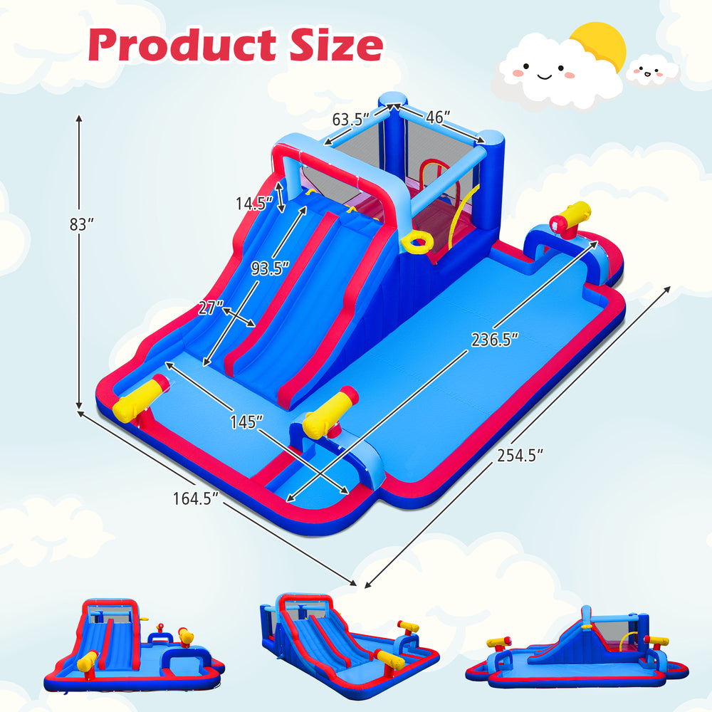 Inflatable bounce house with double water slides, splash pool, and water cannons, ideal for summer fun and parties.