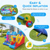 Excavator-themed inflatable bounce house with 8-in-1 play areas, featuring a slide, basketball hoop, and safety.
