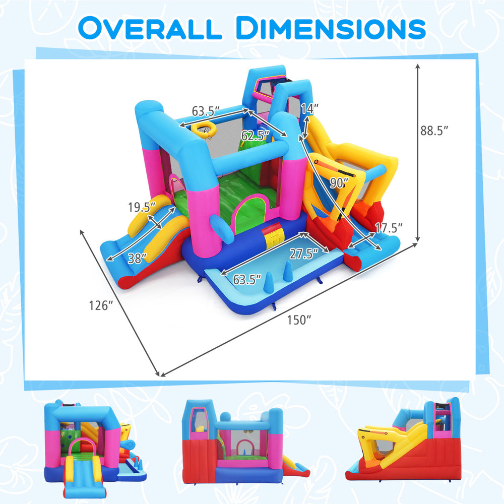 Excavator-themed inflatable bounce house with 8-in-1 play areas, featuring slides, climbing wall, and basketball hoop.