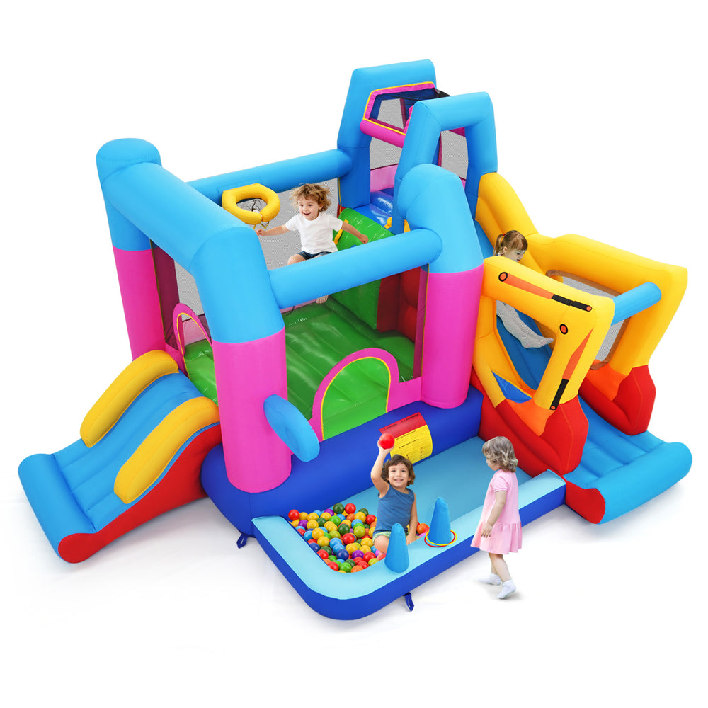 Excavator-themed inflatable bounce house with slide, ball pit, and climbing wall for kids' outdoor fun and active play.
