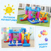Excavator-themed inflatable bounce house with slide, basketball hoop, and climbing wall for indoor and outdoor fun.