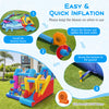 Excavator-themed inflatable bounce house with 8-in-1 features, including a slide, climbing wall, and basketball hoop.