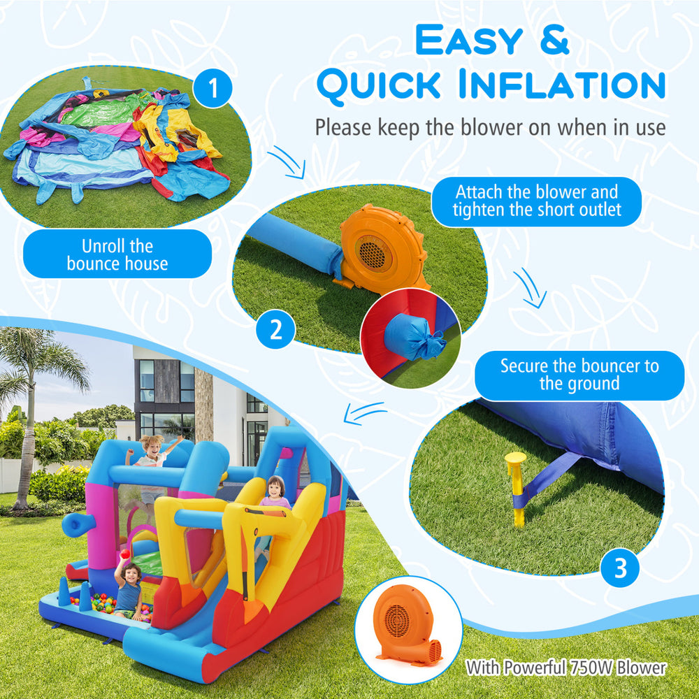Excavator-themed inflatable bounce house with 8-in-1 features, including a slide, climbing wall, and basketball hoop.