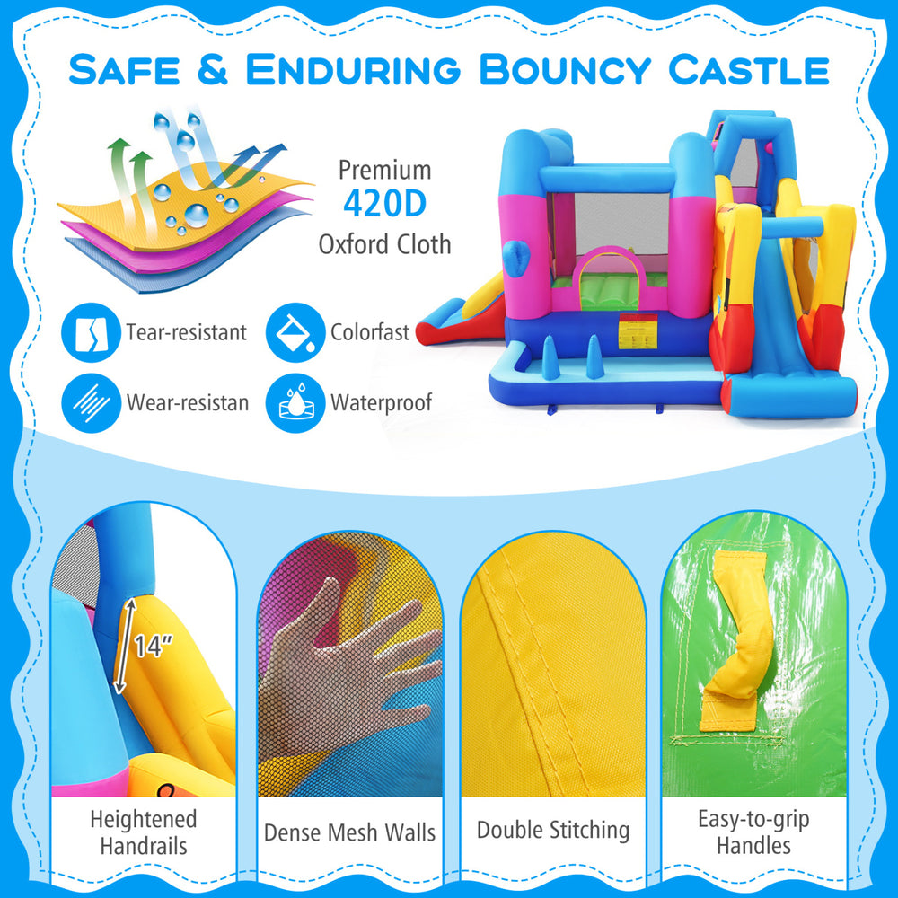 Excavator-themed inflatable bounce house with 8-in-1 play areas, made from waterproof 420D Oxford cloth for backyard.