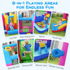 Excavator-themed inflatable bounce house with large jumping area, slide, climbing wall, and basketball hoop for kids'.