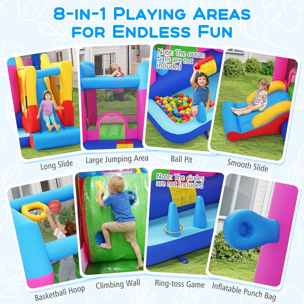 Excavator-themed inflatable bounce house with large jumping area, slide, climbing wall, and basketball hoop for kids'.