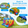 Excavator-themed inflatable bounce house with 8-in-1 play areas, featuring a slide, basketball hoop, and climbing wall.