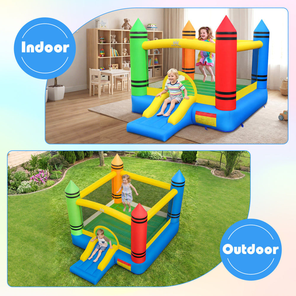 Crayon-themed inflatable bounce house with slide, made of durable 420D Oxford cloth, perfect for outdoor fun.