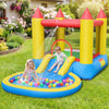 Inflatable bounce house with water slide and splash pool, featuring colorful balls for outdoor fun and active play.