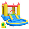 Multicolor inflatable bounce house with water slide, splash pool, and 370W blower for outdoor fun and safety.