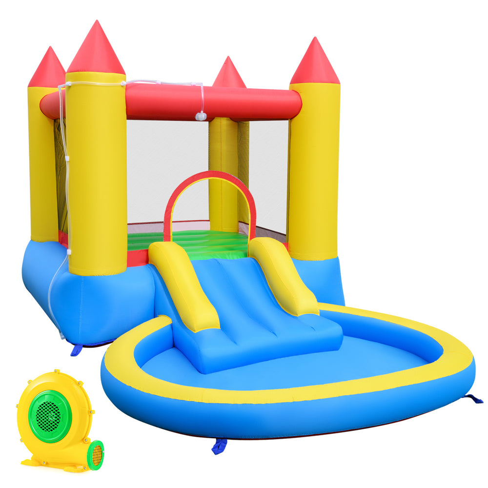 Multicolor inflatable bounce house with water slide, splash pool, and 370W blower for outdoor fun and safety.