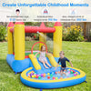 Inflatable bounce house with water slide in multicolor, featuring a splash pool and safety handrails for kids' fun.