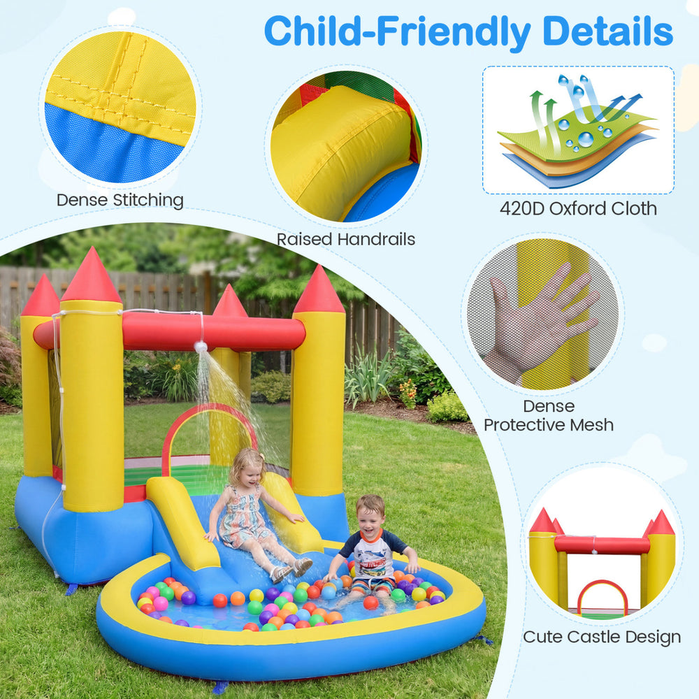 Inflatable bounce house with water slide, multicolor design, made of durable 420D Oxford cloth for outdoor fun.