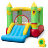Smiley face inflatable bounce house with slide and basketball hoop, made of durable 420D oxford cloth for outdoor fun.