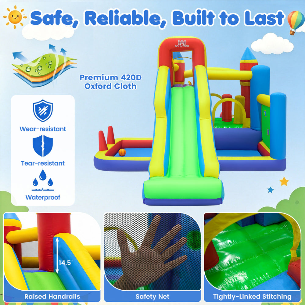 Inflatable bounce house featuring a slide, climbing wall, and basketball hoop made from durable 420D Oxford cloth for kids.