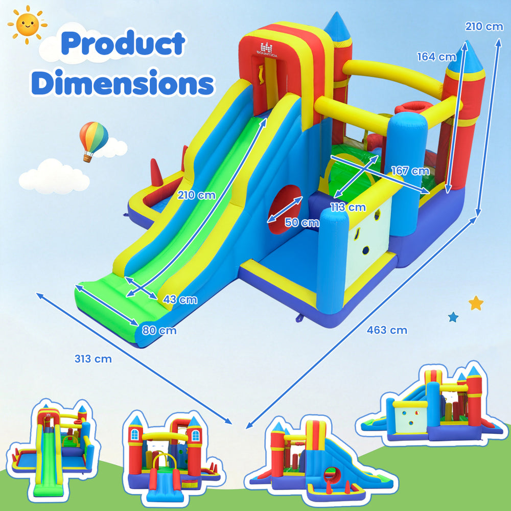 Inflatable bounce house features a slide, climbing wall, and basketball hoop, perfect for kids' indoor or outdoor play.