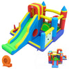 Inflatable bounce house with slide, climbing wall, and basketball hoop, made of durable 420D Oxford cloth for outdoor fun.