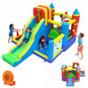 Colorful inflatable bounce house with slide, climbing wall, and basketball hoop for kids' indoor or outdoor fun.
