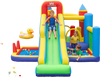 Colorful inflatable bounce house with slide and climbing wall, designed for kids aged 3-12 for outdoor fun.