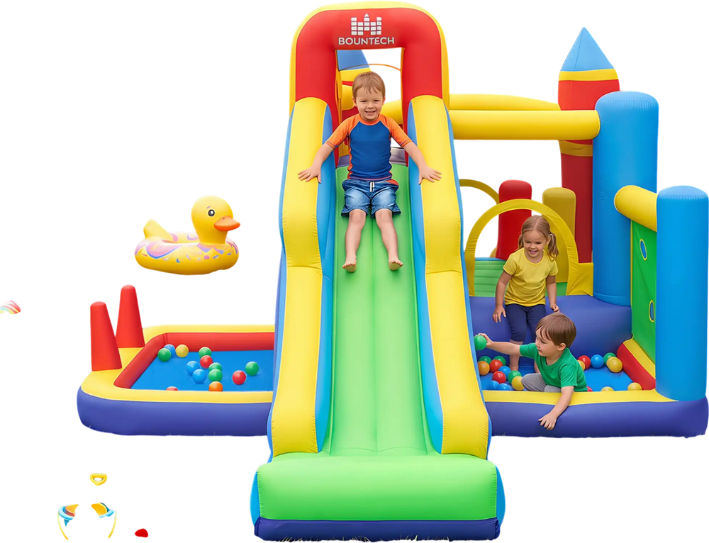 Colorful inflatable bounce house with slide and climbing wall, designed for kids aged 3-12 for outdoor fun.