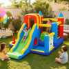 Colorful inflatable bounce house with slide, climbing wall, and basketball hoop for kids' outdoor fun and safety.