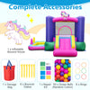 Inflatable bounce house with slide, splash pool, and ring toss games, featuring a unicorn theme for kids aged 3 to 10.