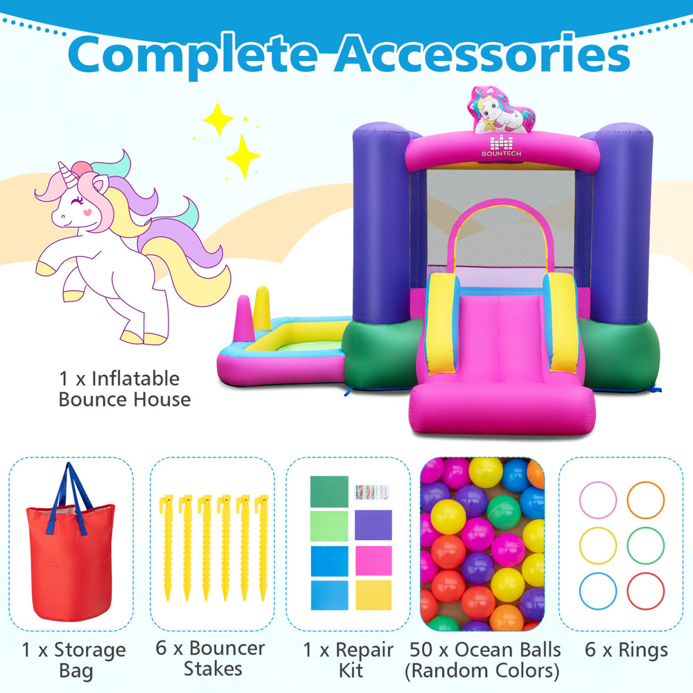 Inflatable bounce house with slide, splash pool, and ring toss games, featuring a unicorn theme for kids aged 3 to 10.