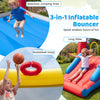 Spacious inflatable bounce house features a long slide and basketball hoop, perfect for active play and fun for toddlers.