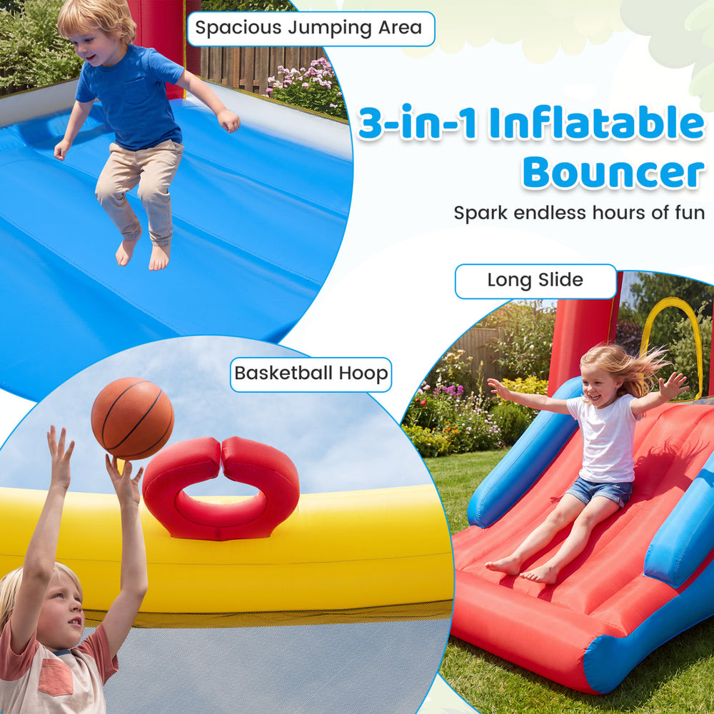 Spacious inflatable bounce house features a long slide and basketball hoop, perfect for active play and fun for toddlers.