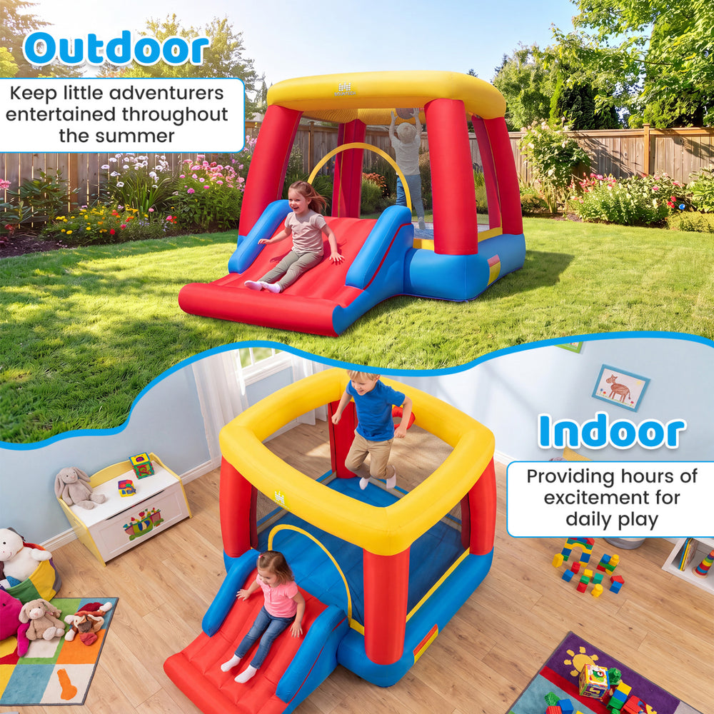 Inflatable bounce house for toddlers featuring a slide and basketball hoop, perfect for indoor and outdoor play.