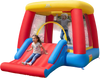 Inflatable bounce house for toddlers featuring a slide, basketball hoop, and protective mesh walls for safe outdoor fun.