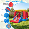 Inflatable bounce house for toddlers features a slide, basketball hoop, and protective mesh walls for safe outdoor fun.