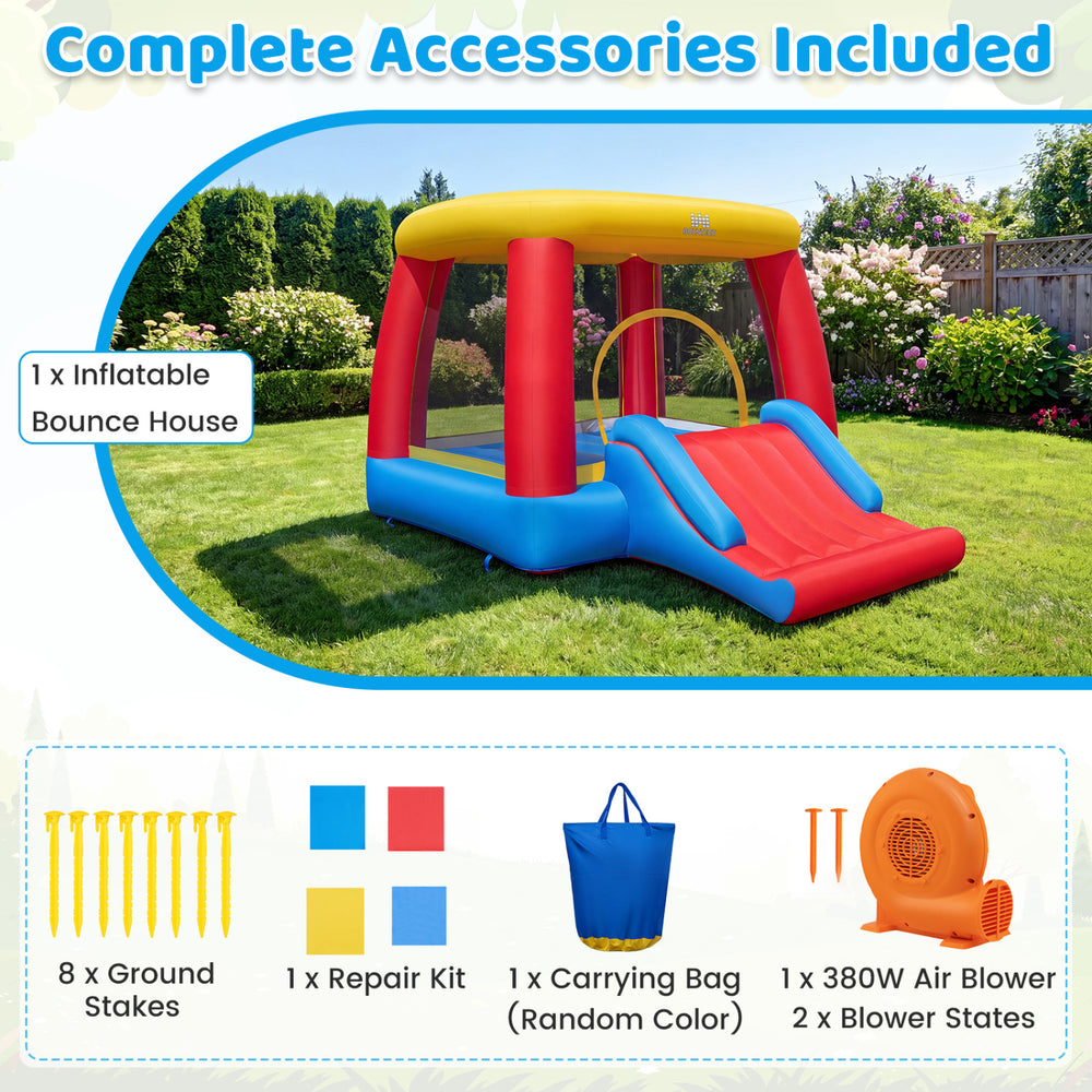 Inflatable bounce house for toddlers featuring a slide, basketball hoop, and 380W blower for indoor and outdoor fun.