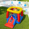 Bright inflatable bounce house for toddlers featuring a slide, basketball hoop, and safety mesh walls for outdoor fun.