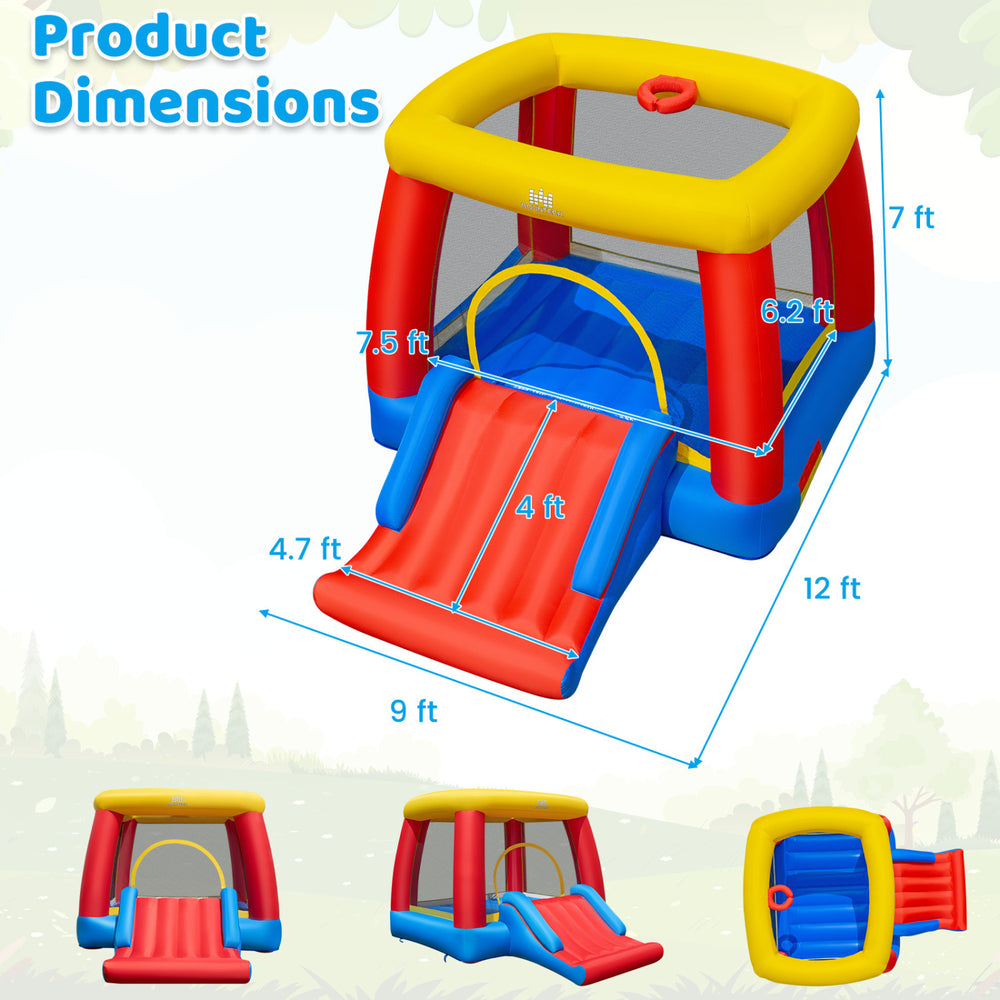 Inflatable bounce house for toddlers featuring a slide, basketball hoop, and protective mesh walls for safe play.