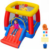 Inflatable bounce house for toddlers featuring a slide, basketball hoop, and safety mesh walls for indoor or outdoor fun.