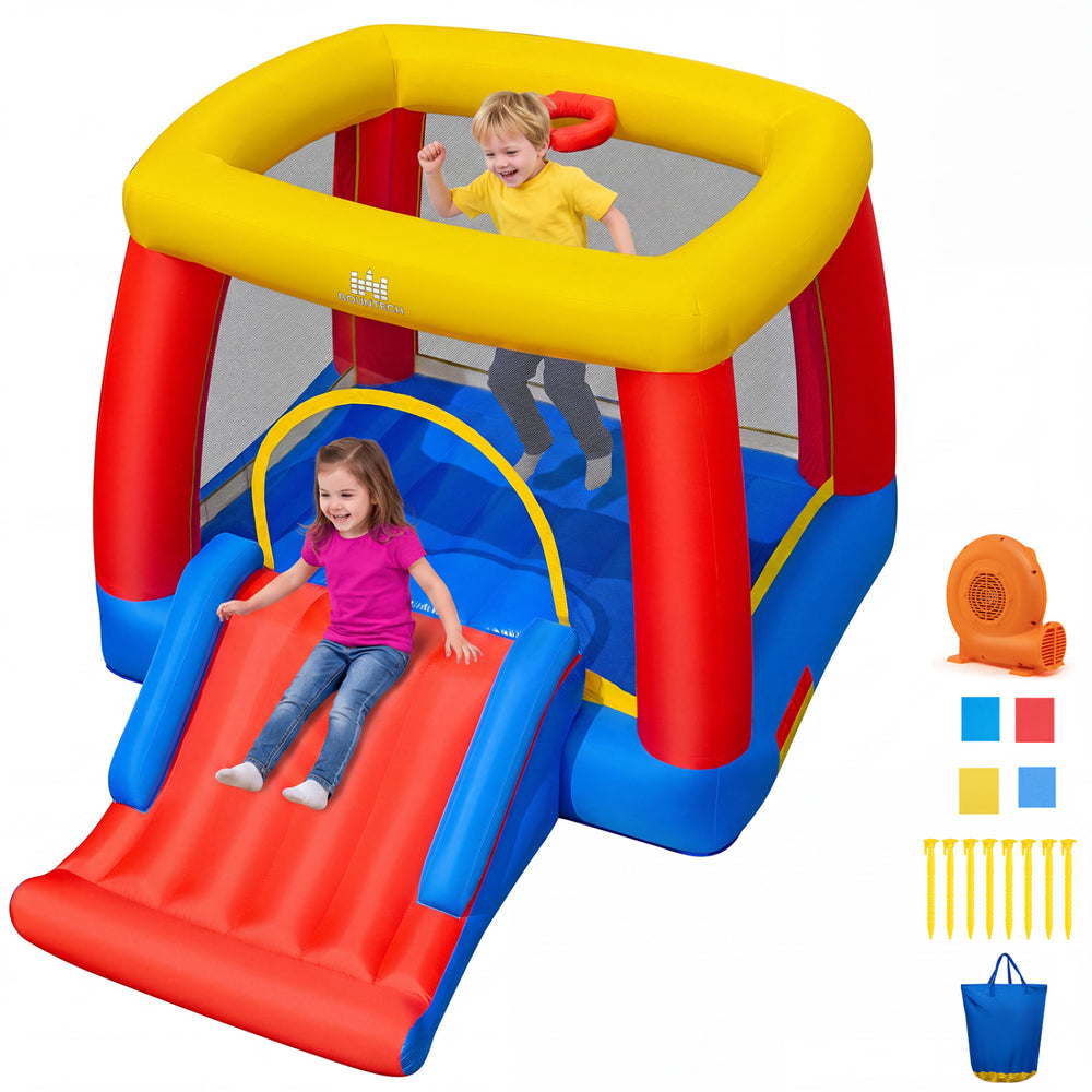 Inflatable bounce house for toddlers featuring a slide, basketball hoop, and safety mesh walls for indoor or outdoor fun.