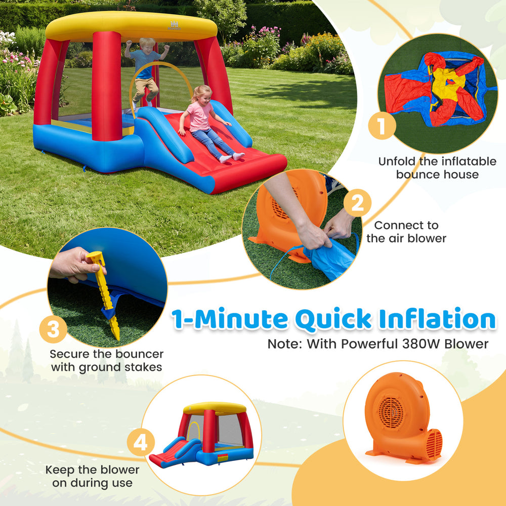 Inflatable bounce house for toddlers featuring a slide and basketball hoop, made of durable 420D Oxford fabric for outdoor fun.